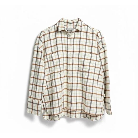 Everlane Women's Flannel Shirt Cream, Tan Long Sleeve Plaid Button Up Small - Picture 1 of 2